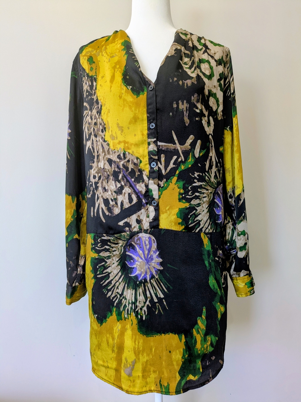 Abstract Floral Button-Down Shirt in Black, Yellow & Green